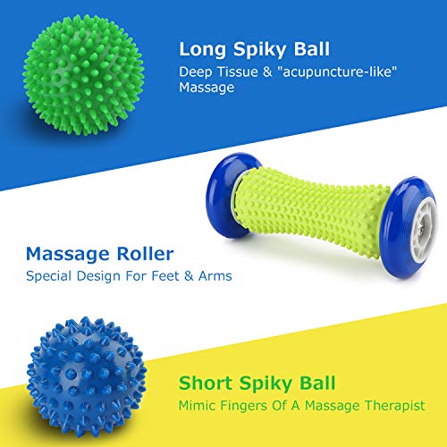 Rodillo de Masaje, Fansteck Masajeador de Pies y Manos, Masajeador ergonómico para aliviar dolor de Fascitis Plantar, músculo, cervical, muñecas y etc. Con 2 Pelotas Masaje. Material Seguro Duradero.