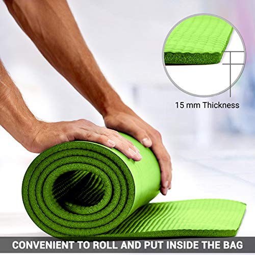 ROMIX Esterilla Yoga Antideslizante, 15MM Alta Densidad Gruesa y Suave Ecológica Almohadilla de Espuma de Memoria, Liviana Yoga Mat para Pilates Ejercicio Gimnasio Fitness Meditación Viaje (Verde)