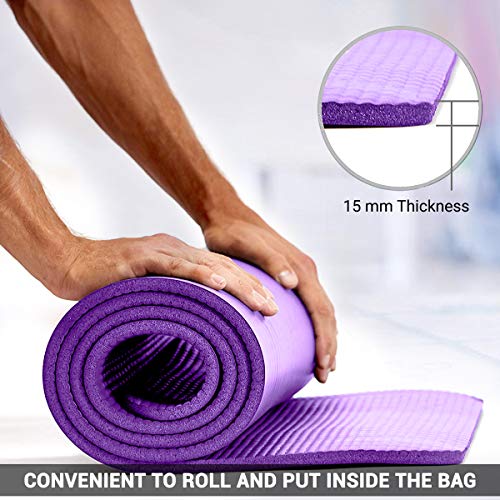 ROMIX Esterilla Yoga Antideslizante, 15MM Alta Densidad Gruesa y Suave Ecológica Almohadilla de Espuma de Memoria, Liviana Yoga Mat para Pilates Ejercicio Gimnasio Fitness Meditación Viaje (Púrpura)