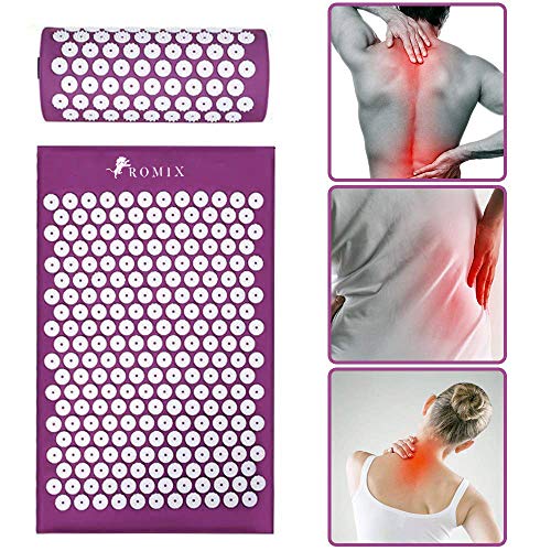 ROMIX Set de Esterilla Acupresion, Kit de Masaje con Esterilla Yoga, Almohada Acupuntura y Bolsa Transporte para Alivio del Dolor Espalda y Cuello, Reducción de Estrés, Relajación Muscular - Púrpura