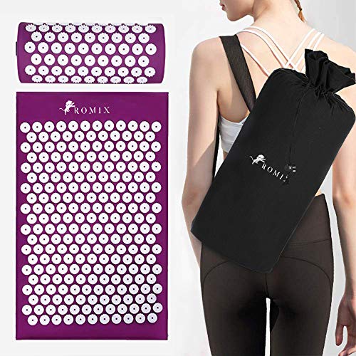 ROMIX Set de Esterilla Acupresion, Kit de Masaje con Esterilla Yoga, Almohada Acupuntura y Bolsa Transporte para Alivio del Dolor Espalda y Cuello, Reducción de Estrés, Relajación Muscular - Púrpura