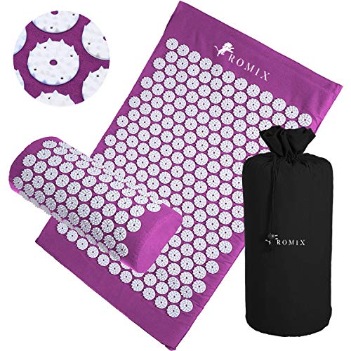 ROMIX Set de Esterilla Acupresion, Kit de Masaje con Esterilla Yoga, Almohada Acupuntura y Bolsa Transporte para Alivio del Dolor Espalda y Cuello, Reducción de Estrés, Relajación Muscular - Púrpura