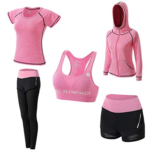 Ropa Deportiva Mujer,5 Piezas Conjuntos Deportivos para Mujer Yoga Fitness Deporte Chándales Ropa de Correr Conjunto de Gimnasio Ejercicio Carrera Entrenamiento Transpirable Cómodo