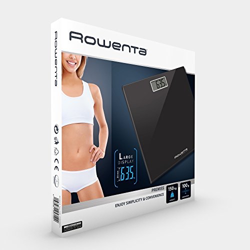 Rowenta BS1060 Premiss - Báscula Digital con Pantalla LCD, Compacta, Capacidad de 150 kg, Plataforma de Vidrio y Apagado Automático que Incluye Pilas, color Negro