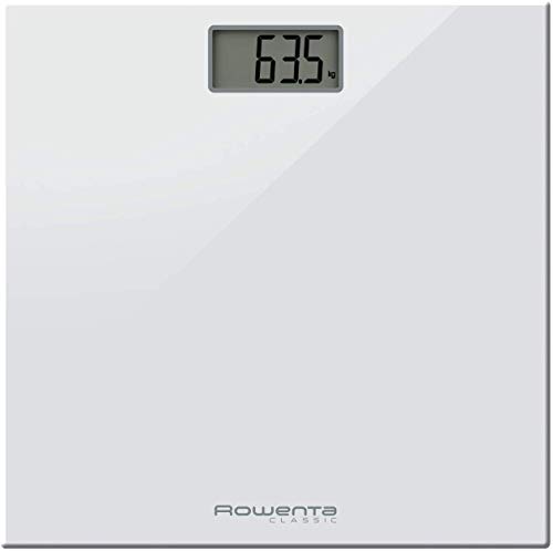 Rowenta Classic BS1131 - Báscula digital, con pantalla LCD, compacta, capacidad de 160 kg, plataforma de vidrio, apagado automático e incluye pilas, color blanco