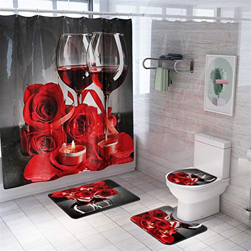 R&P Juego de Cortinas de Ducha Impermeable Flores Alfombra de baño Antideslizante + Tapa de Inodoro + Alfombrilla de baño + Cortina de Bañera, Vino Tinto Y Rosas,4 Pcs