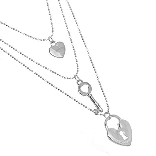 Rue B Venta de joyería de moda: Triple capa de plata (22 pulgadas) collar con corazón de amor, candado y llavero Charms (S427) S