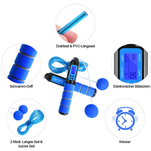 RUNACC Cuerda para Saltar Digital con Contador y Medidor de Calorías, Cuerda para Saltar Ajustable de 3 m, Modo de Cuerda Corta,para Entrenamiento, Fitness, Boxeo, Adelgazamiento (Azul)