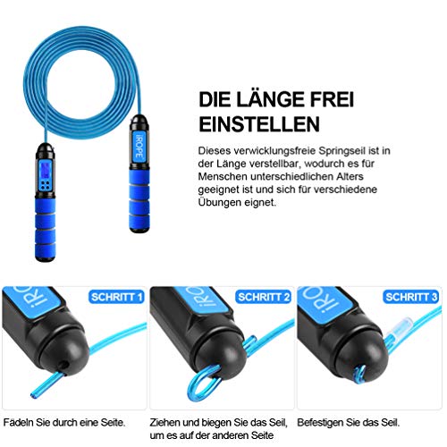 RUNACC Cuerda para Saltar Digital con Contador y Medidor de Calorías, Cuerda para Saltar Ajustable de 3 m, Modo de Cuerda Corta,para Entrenamiento, Fitness, Boxeo, Adelgazamiento (Azul)