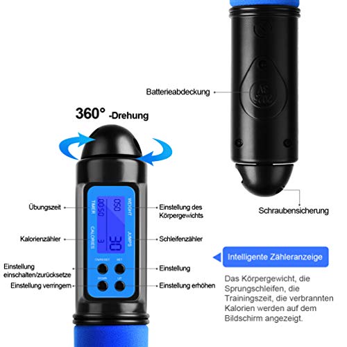 RUNACC Cuerda para Saltar Digital con Contador y Medidor de Calorías, Cuerda para Saltar Ajustable de 3 m, Modo de Cuerda Corta,para Entrenamiento, Fitness, Boxeo, Adelgazamiento (Azul) RUNACC Cuerda para Saltar Digital con Contador y Medidor de Calorías, Cuerda para Saltar Ajustable de 3 m, Modo de Cuerda Corta,para Entrenamiento, Fitness, Boxeo, Adelgazamiento (Azul)