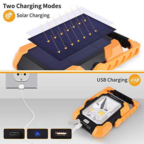 RUNACC LED Luz de trabajo Foco Led Bateria Recargable de Solar Portátil Luz de inundación, Luz Camping con rotación de 360 °, Mango Magnético para Camping Trabajo Pesca (Naranja)