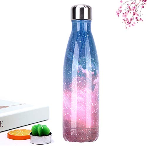 RUNYUE Botella Agua de Acero Inoxidable 500ml, Aislamiento de Vacío de Doble Pared, Botellas de Frío/Caliente, Sin BPA, Adecuada para Viaje, Deporte, Exterior, Gimnasio (Cielo Estrellado Rosa)