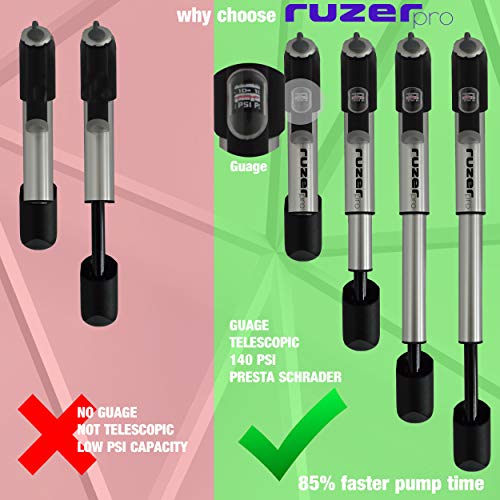 RUZER Mini Bomba telescópica para Bicicleta o Bomba de Bola de aleación de 17,8 cm de Calibre Presta Schrader (Adaptador de válvula Reversible) 140 PSI 9.7 Bar (Plata)