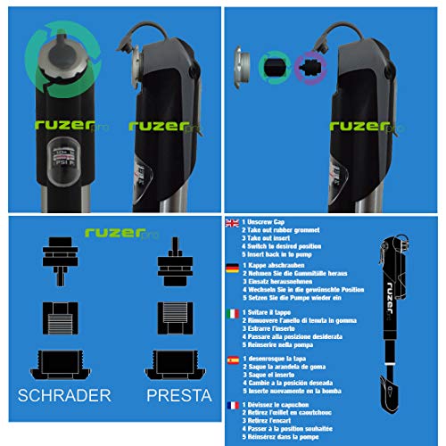 RUZER Mini Bomba telescópica para Bicicleta o Bomba de Bola de aleación de 17,8 cm de Calibre Presta Schrader (Adaptador de válvula Reversible) 140 PSI 9.7 Bar (Plata)