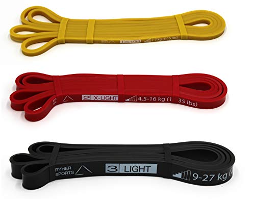 Ryher Banda elástica de Resistencia para dominadas - Banda de Ejercicios para Fitness, Crossfit, Asistente para pullups o Levantamiento de Pesas (Set de 3 Bandas - Amarilla, Roja y Negra) Ryher Banda elástica de Resistencia para dominadas - Banda de Ejercicios para Fitness, Crossfit, Asistente para pullups o Levantamiento de Pesas (Set de 3 Bandas - Amarilla, Roja y Negra)