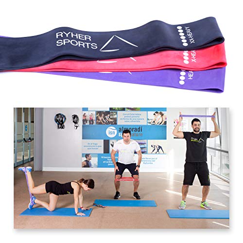 Ryher Bandas Elasticas de Fitness - 3X Bandas de Resistencia - Gomas Elasticas Extra Fuertes + Bolsa - Set de 3 Cintas Elásticas Musculacion, Fitness, Crossfit, Yoga, Pilates, Natación, Fisioterapia