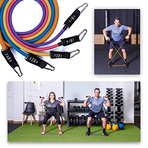 Ryher Gomas elásticas Fitness y Ejercicio - Set Bandas de Resistencia con Asas, Correas para los Tobillos, Anclaje para Puertas – Deporte en Casa, Crossfit, Pesas y Musculacion - Pack Extra Fuerte