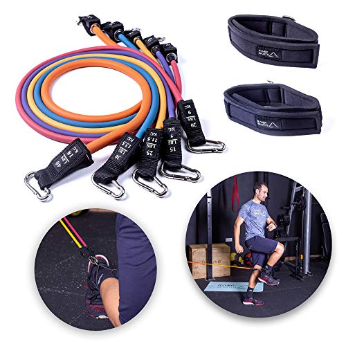 Ryher Gomas elásticas Fitness y Ejercicio - Set Bandas de Resistencia con Asas, Correas para los Tobillos, Anclaje para Puertas – Deporte en Casa, Crossfit, Pesas y Musculacion - Pack Extra Fuerte