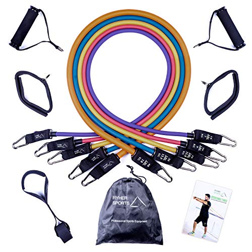 Ryher Gomas elásticas Fitness y Ejercicio - Set Bandas de Resistencia con Asas, Correas para los Tobillos, Anclaje para Puertas – Deporte en Casa, Crossfit, Pesas y Musculacion - Pack Extra Fuerte