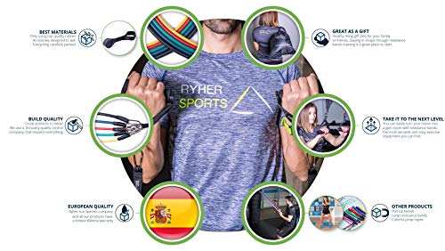 Ryher Gomas elásticas Fitness y Ejercicio - Set de Bandas de Resistencia con Asas, Correas para los Tobillos, Anclaje para Puertas – Deporte en Casa, Gym, Crossfit, Pesas y Musculacion - Pack 45 KG