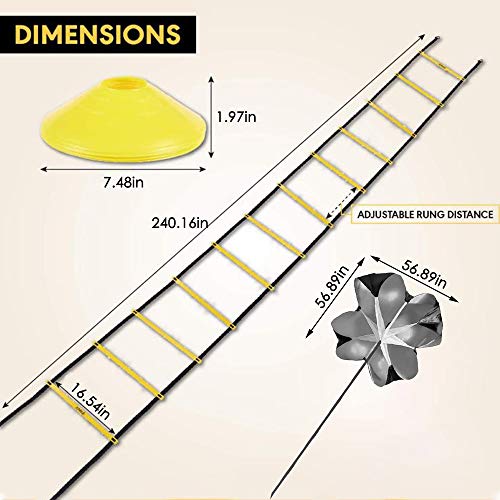 S SMAUTOP Kit de Entrenamiento Speed ​​Agility, Ejercicio y Entrenamiento físico Speed ​​Agility Set con Paraguas de Resistencia, Escalera ágil, 5 Vallas Ajustables, 24 Conos de Disco