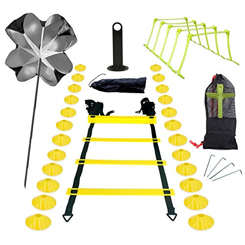 S SMAUTOP Kit de Entrenamiento Speed ​​Agility, Ejercicio y Entrenamiento físico Speed ​​Agility Set con Paraguas de Resistencia, Escalera ágil, 5 Vallas Ajustables, 24 Conos de Disco