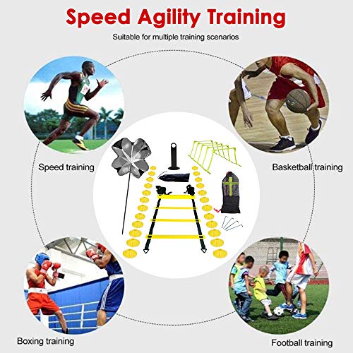 S SMAUTOP Kit de Entrenamiento Speed ​​Agility, Ejercicio y Entrenamiento físico Speed ​​Agility Set con Paraguas de Resistencia, Escalera ágil, 5 Vallas Ajustables, 24 Conos de Disco