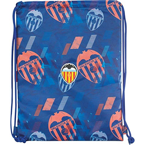 Saco Mochila Valencia CF | Mochila de Cuerdas Escolar, Bolsa de Tela de Deporte con Forma Cuadrada con Cierre Sencillo de Cuerdas, Tamaño Grande - Medidas 35 x 46 cm - Color Azul