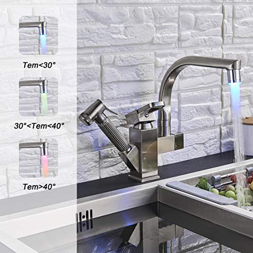 Saeuwtowy 304 Acero Inoxidable Cepillado LED Grifo Extensible Para Cocina en Dos Salidas Del Agua 360 ° Grifo Giratorio Del Fregadero Del Fregadero Del Grifo Extraíble De La Cocina Del Espray