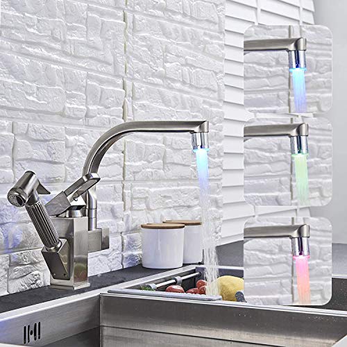 Saeuwtowy 304 Acero Inoxidable Cepillado LED Grifo Extensible Para Cocina en Dos Salidas Del Agua 360 ° Grifo Giratorio Del Fregadero Del Fregadero Del Grifo Extraíble De La Cocina Del Espray