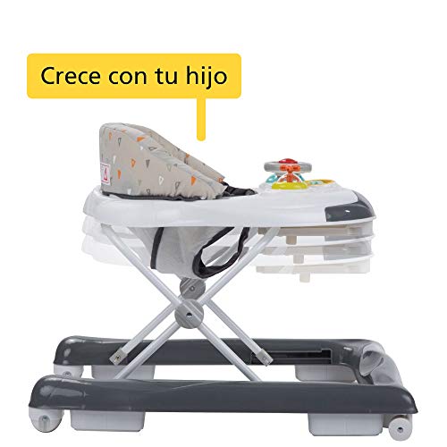 Safety 1st Bolid Andador bebé primeros pasos, 3 alturas regulables, Centro de actividades con 12 melodias, asiento alcochado, Base Antivuelco, Color Gris