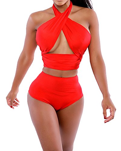 SaiDeng Mujer Escala Push Up De Talle Alto Bikini Bañador Bañadores Vendaje Trajes De Baño Rojo S