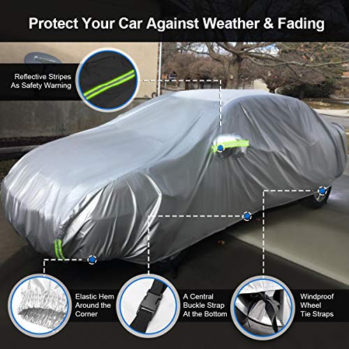 Sailnovo Funda para Coche Exterior Plata Impermeable Universal Resistente al Sol, Polvo, Viento, Lluvia, Nieve y Rasguño (485 x 185 x 150cm)