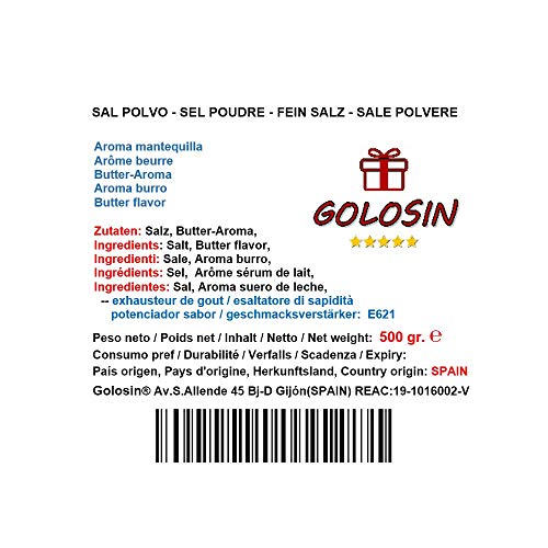 Sal para palomitas de maíz, Molida en Polvo. El ingrediente secreto del auténtico Pop-Corn del cine. Aroma y sabor mantequilla. Contenido: 500 gr. Sal para palomitas de maíz, Molida en Polvo. El ingrediente secreto del auténtico Pop-Corn del cine. Aroma y sabor mantequilla. Contenido: 500 gr.