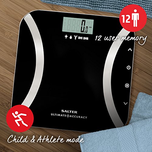 Salter 9173 BK3R. Báscula de baño analítica, memoria para 12 usuarios, peso en incrementos de 50 g, modo atleta, garantía de 15 años, negro Salter 9173 BK3R. Báscula de baño analítica, memoria para 12 usuarios, peso en incrementos de 50 g, modo atleta, garantía de 15 años, negro