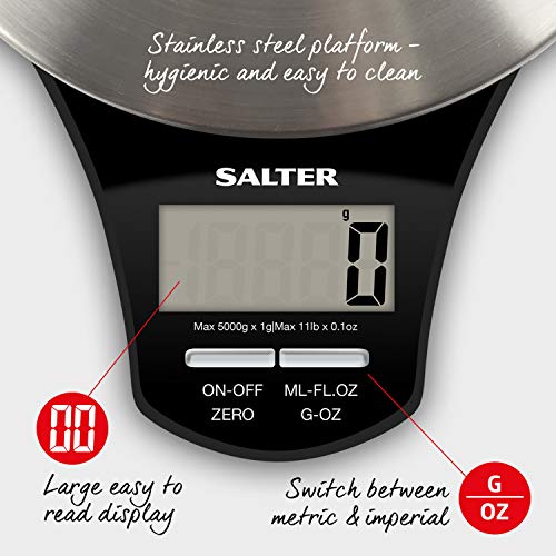 Salter Báscula de Cocina Digital de Acero Inoxidable, Capacidad 5kg, Función de Añadir y Pesar, Negro