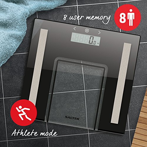 Salter Básculas de baño Función de memoria del analizador para 8 usuarios, modo atleta, capacidad 180 kg, negro Salter Básculas de baño Función de memoria del analizador para 8 usuarios, modo atleta, capacidad 180 kg, negro