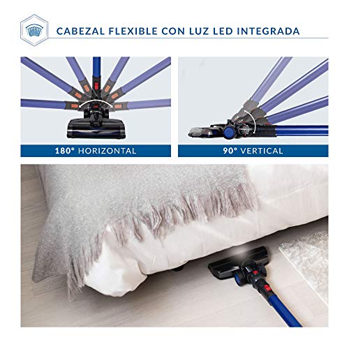 SAMBA Aspirador Vertical y de Mano Sin Cable Aspira Pro. Aspirador Escoba con Cepillo Motorizado Flexible 180º, Luz LED, 2 Niveles Potencia, Boquilla Combinada, Soporte de Pared, 150W, Plástico, Azul