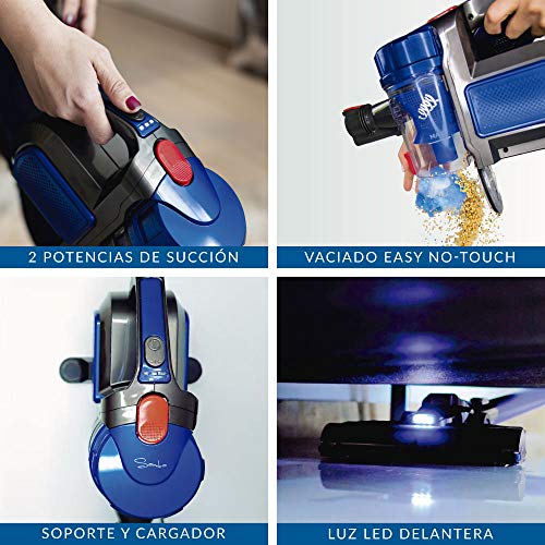 SAMBA Aspirador Vertical y de Mano Sin Cable Aspira Pro. Aspirador Escoba con Cepillo Motorizado Flexible 180º, Luz LED, 2 Niveles Potencia, Boquilla Combinada, Soporte de Pared, 150W, Plástico, Azul