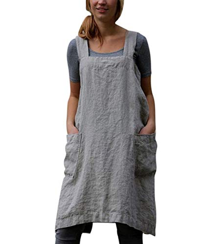 SAMGU Vestido De Delantal Casual para Mujer Vestido De Lino con Delantal Cruzado Cuadrado De Lino Trabajo En El Jardín Gris 4XL