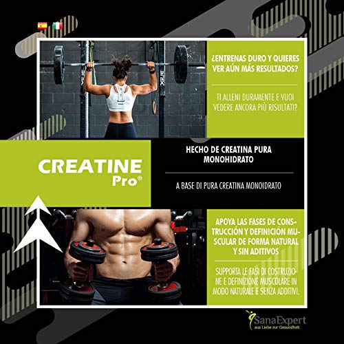 SanaExpert Creatine Pro (Creapure®), Bebida Deportiva para Aumentar la Masa Muscular, la Fuerza y la Resistencia, 215 Porciones, 100% Monohidrato de Creatina, Polvo de Creatina Sin Sabor (650g)