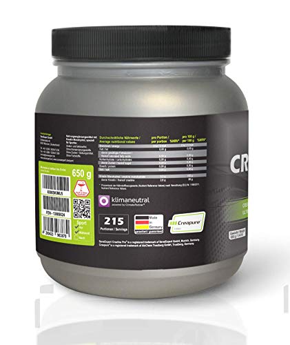 SanaExpert Creatine Pro (Creapure®), Bebida Deportiva para Aumentar la Masa Muscular, la Fuerza y la Resistencia, 215 Porciones, 100% Monohidrato de Creatina, Polvo de Creatina Sin Sabor (650g)