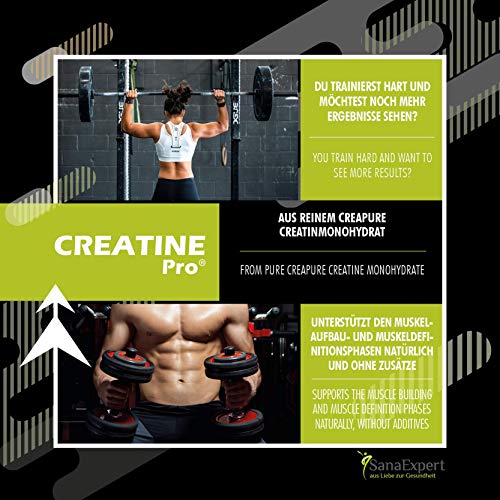 SanaExpert Creatine Pro (Creapure®), Bebida Deportiva para Aumentar la Masa Muscular, la Fuerza y la Resistencia, 215 Porciones, 100% Monohidrato de Creatina, Polvo de Creatina Sin Sabor (650g)