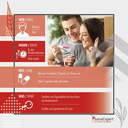 SanaExpert VitaFertil, Suplemento Nutricional para la Fertilidad Masculina, Ayuda a Mejorar la Calidad de la Esperma, L-arginina, Zinc, Selenio, Vitaminas y Minerales, 60 cápsulas SanaExpert VitaFertil, Suplemento Nutricional para la Fertilidad Masculina, Ayuda a Mejorar la Calidad de la Esperma, L-arginina, Zinc, Selenio, Vitaminas y Minerales, 60 cápsulas