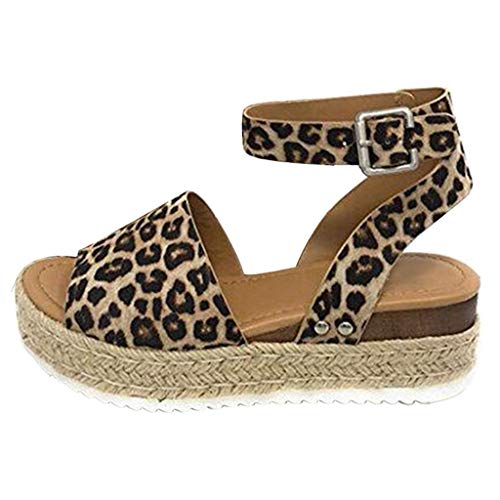 Sandalias Mujer Verano 2019 cáñamo Fondo Grueso Sandalias Punta Abierta Cuero Fondo Plano Zapatos Bohemias Romanas Hebilla Zapatillas Gris 35-43 riou