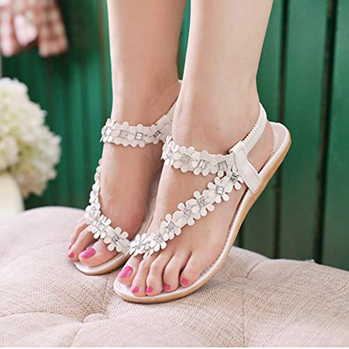 Sandalias Planas Blancas para Mujer Zapatos de Flip-Flop con Cuentas de Flores de Bohemia de Verano Blancas Tacon bajo Roma Fondo Plano Cómodo Zapatillas Chanclas riou