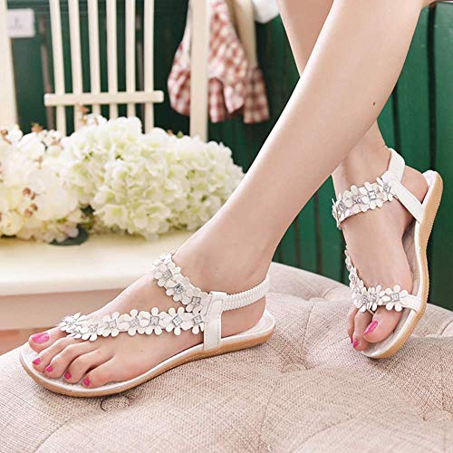 Sandalias Planas Blancas para Mujer Zapatos de Flip-Flop con Cuentas de Flores de Bohemia de Verano Blancas Tacon bajo Roma Fondo Plano Cómodo Zapatillas Chanclas riou