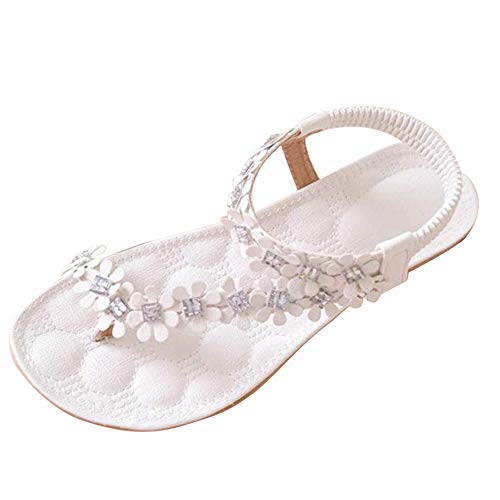 Sandalias Planas Blancas para Mujer Zapatos de Flip-Flop con Cuentas de Flores de Bohemia de Verano Blancas Tacon bajo Roma Fondo Plano Cómodo Zapatillas Chanclas riou