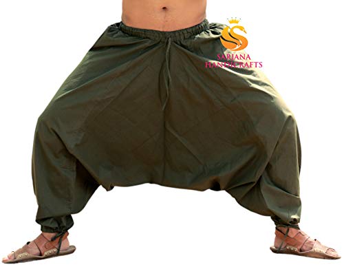 Sarjana Handicrafts - Pantalón bombacho hindú de algodón, pantalón harem, pantalón de yoga para hombre Marrón caqui Talla única