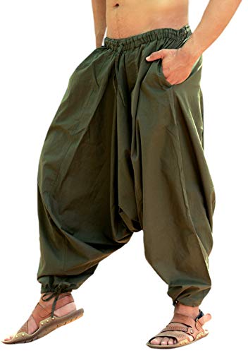 Sarjana Handicrafts - Pantalón bombacho hindú de algodón, pantalón harem, pantalón de yoga para hombre Marrón caqui Talla única